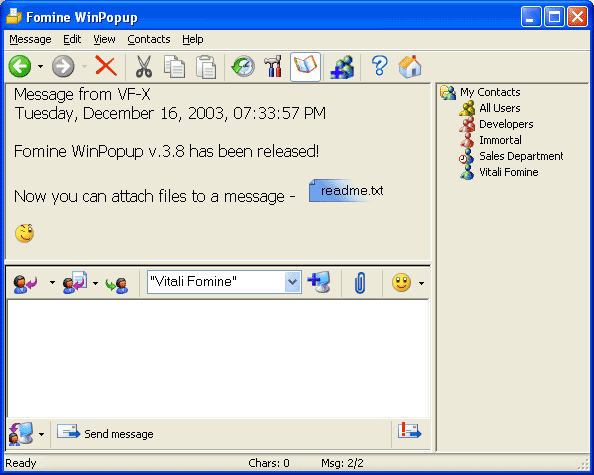 Fomine WinPopup is an instant-messaging tool for all versions of the Windows. Fomine WinPopup full support for Winpopup and 
